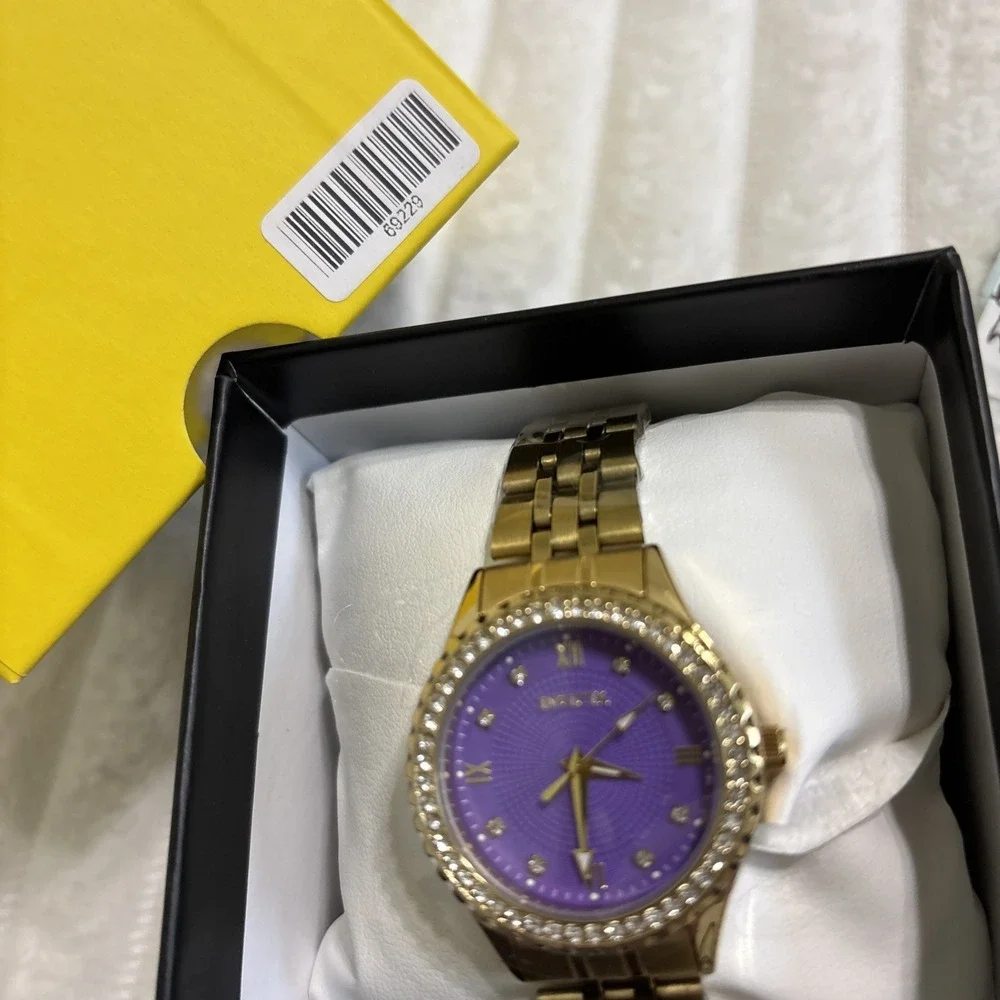 Invicta Gold-Tone Wristwatch Diamond Accent Purple Dial Bracelet in Original Box
